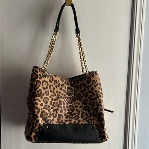 Leopard Print Hobo Bag with Gold Chain Handles